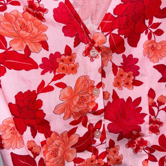 Lulus Floral Button-Up Blouse Crop Top Small V-Neck Short Sleeve Pink & Red - Picture 4 of 7